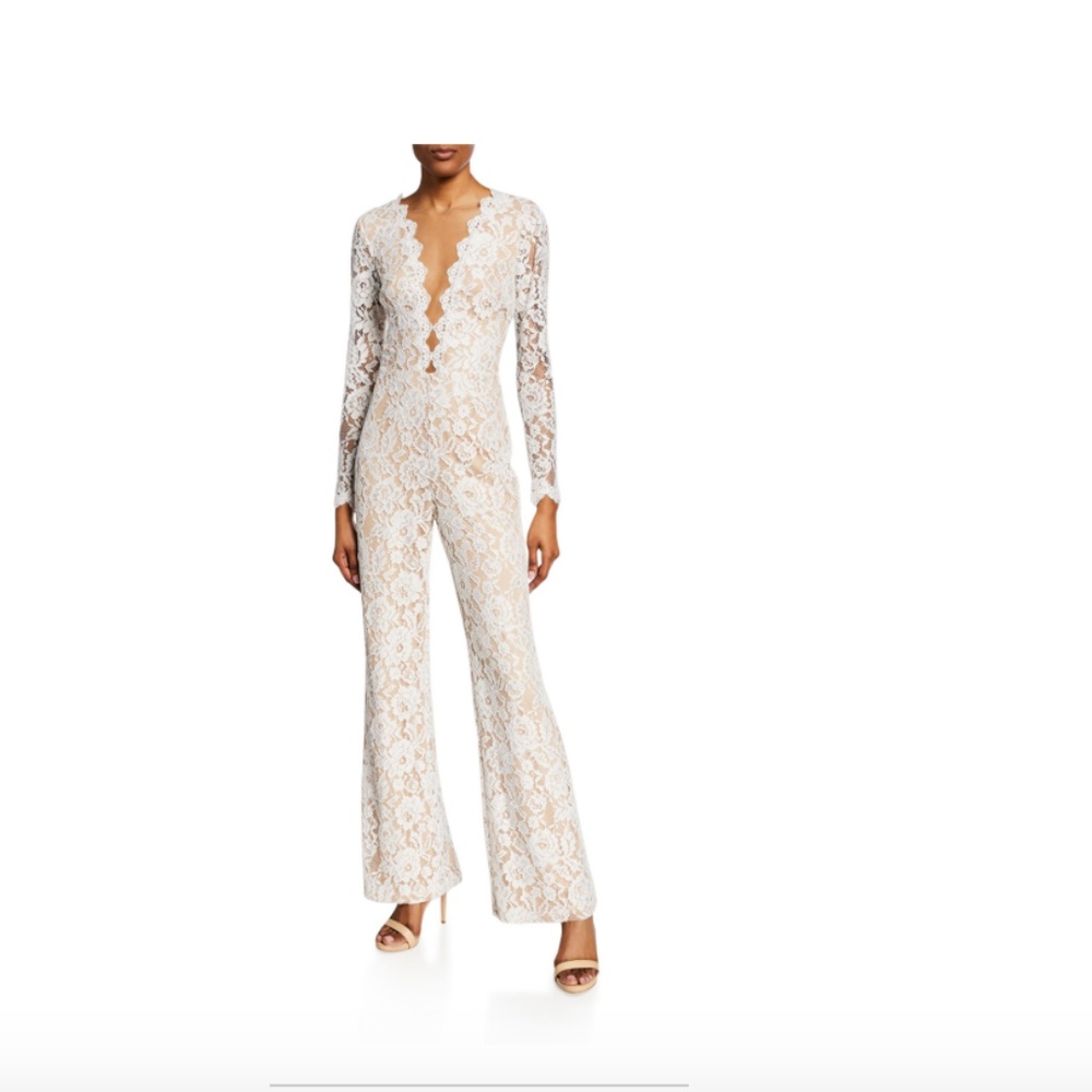 Floral-Lace V-Neck Illusion Long-Sleeve Jumpsuit
